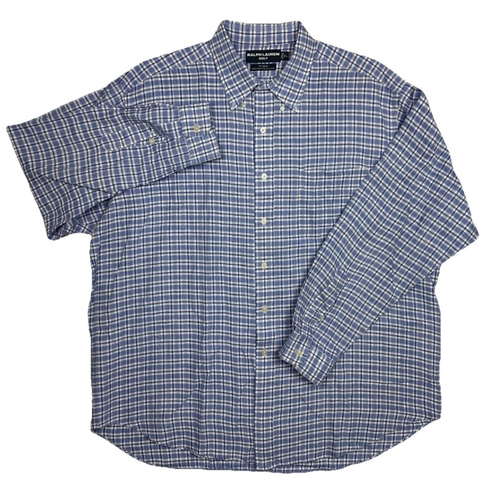 Ralph Lauren Golf Tilden Shirt XL Linen Cotton Blue White Plaid Long Sleeve